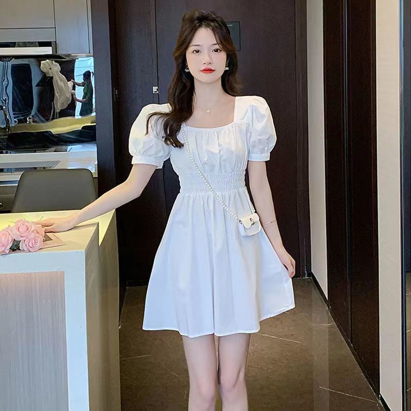 Đầm Dáng Chữ a Cổ Vuông Tay Phồng Ôm Eo Kiểu Pháp Thời Trang Mùa Hè Cho Nữ