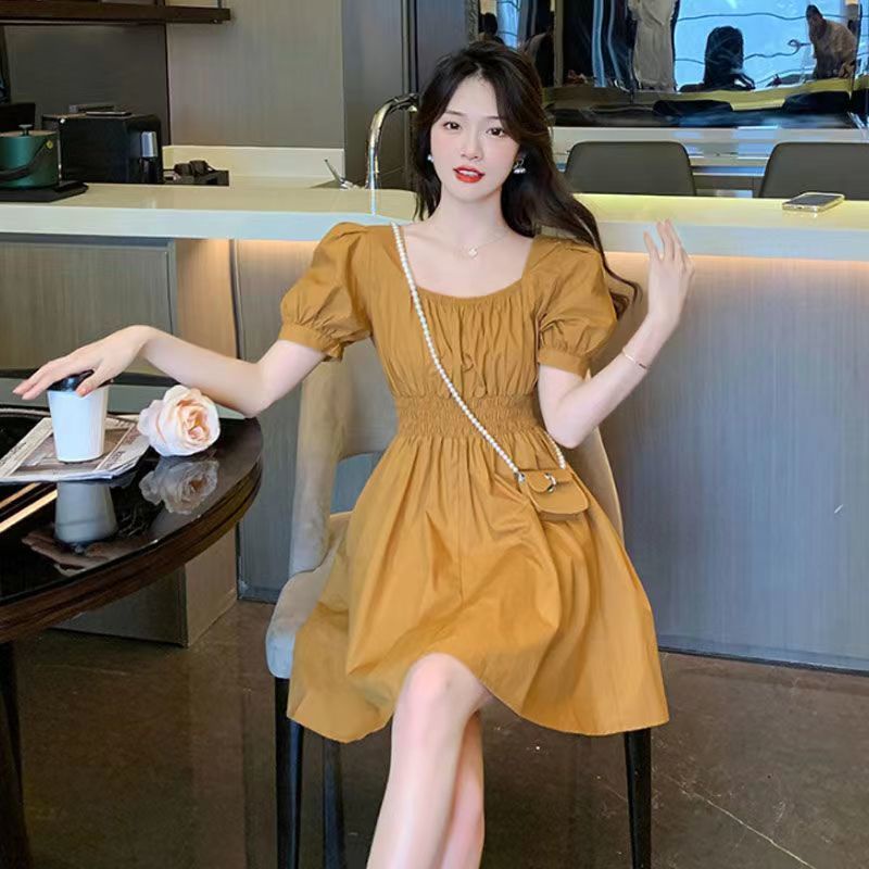 Đầm Dáng Chữ a Cổ Vuông Tay Phồng Ôm Eo Kiểu Pháp Thời Trang Mùa Hè Cho Nữ