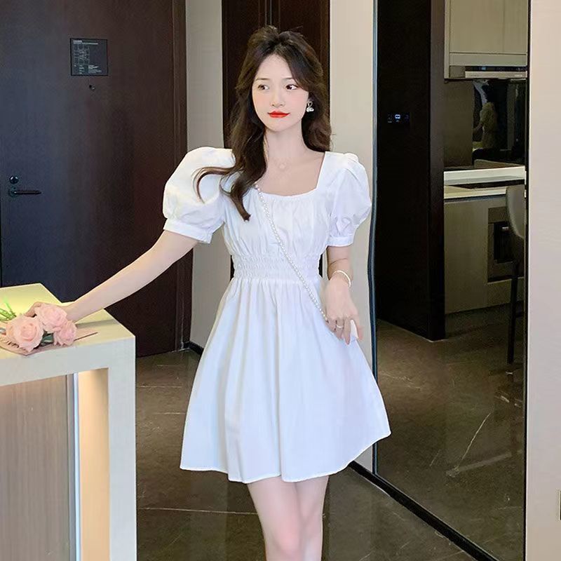 Đầm Dáng Chữ a Cổ Vuông Tay Phồng Ôm Eo Kiểu Pháp Thời Trang Mùa Hè Cho Nữ