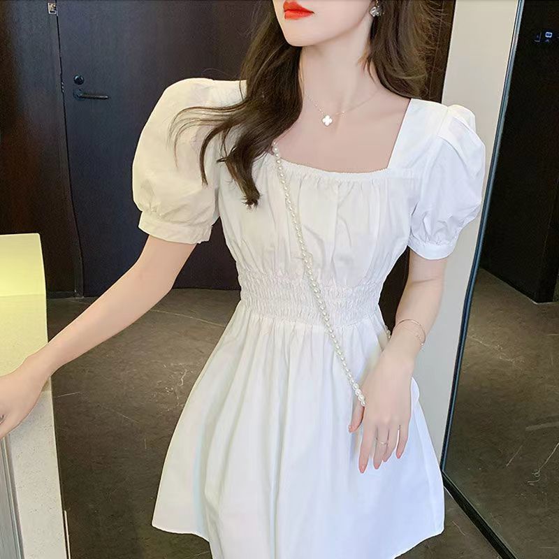 Đầm Dáng Chữ a Cổ Vuông Tay Phồng Ôm Eo Kiểu Pháp Thời Trang Mùa Hè Cho Nữ