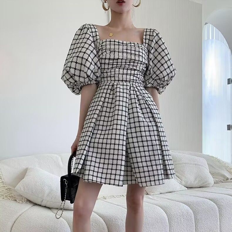 Đầm Ngắn Dáng Chữ a Tay Phồng Cổ Vuông Họa Tiết Sọc Caro Phong Cách Pháp Thời Trang Mùa Hè Xinh Xắn Cho Nữ