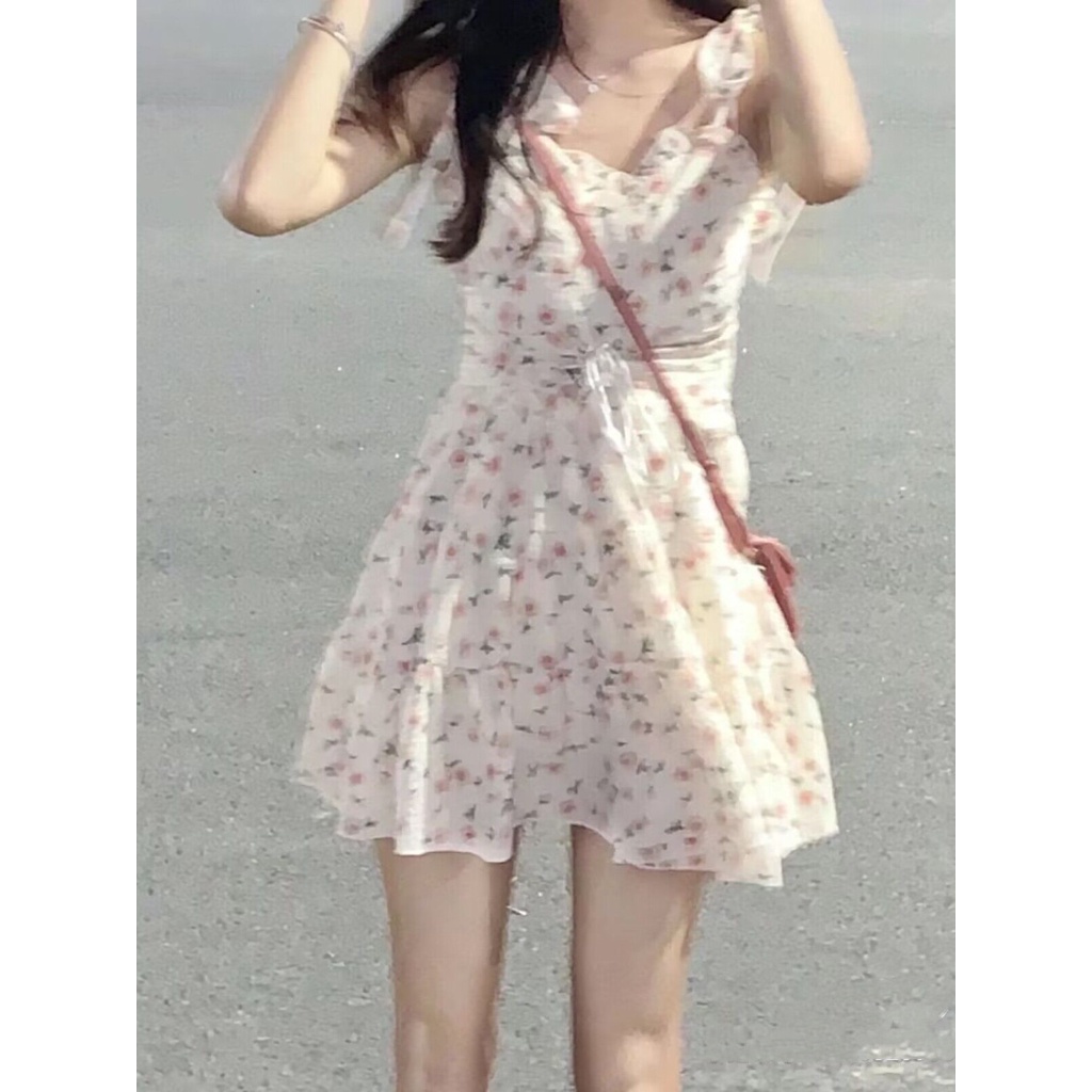 Đầm Hai Dây Nhấn Eo Họa Tiết Hoa Xinh Xắn Thoải Mái Dễ Phối Đồ
