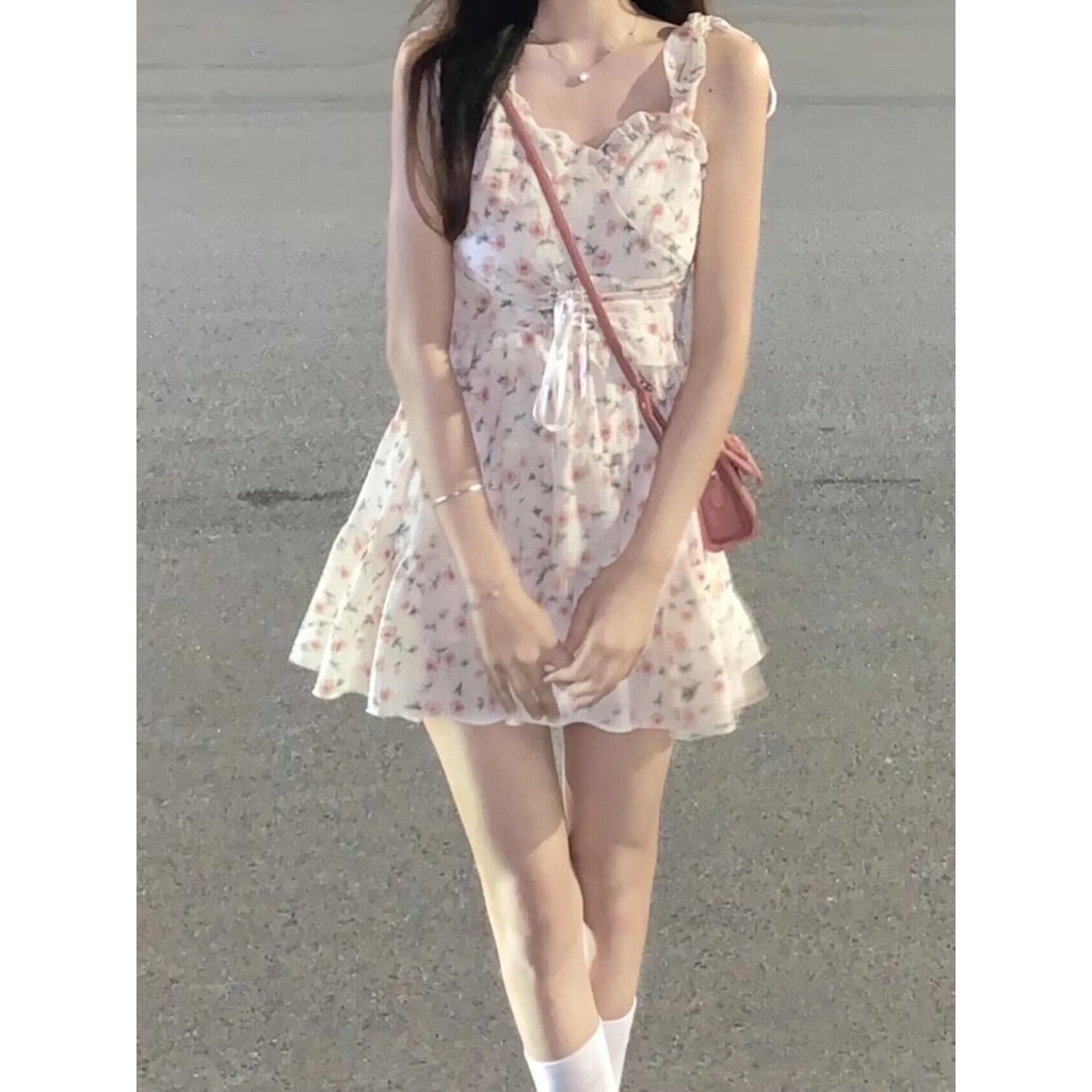 Đầm Hai Dây Nhấn Eo Họa Tiết Hoa Xinh Xắn Thoải Mái Dễ Phối Đồ