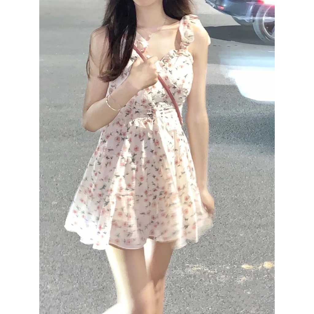 Đầm Hai Dây Nhấn Eo Họa Tiết Hoa Xinh Xắn Thoải Mái Dễ Phối Đồ