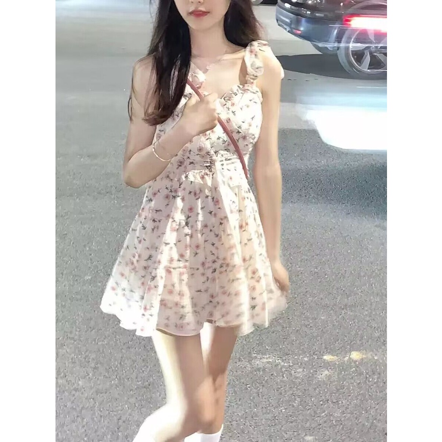 Đầm Hai Dây Nhấn Eo Họa Tiết Hoa Xinh Xắn Thoải Mái Dễ Phối Đồ