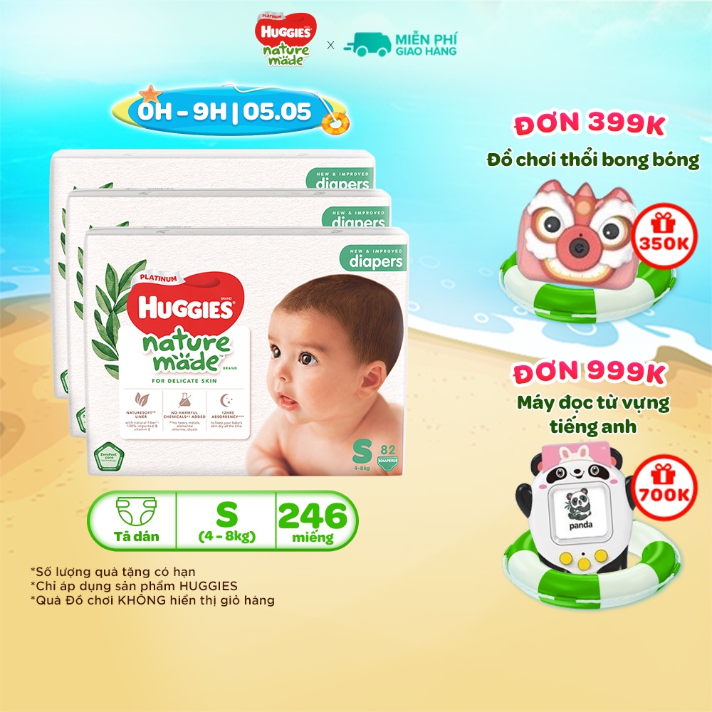 Combo 3 Tã/Bỉm dán sơ sinh Huggies Platinum NatureMade S82 (4-8kg)-Gói Super Jumbo 82 miếng