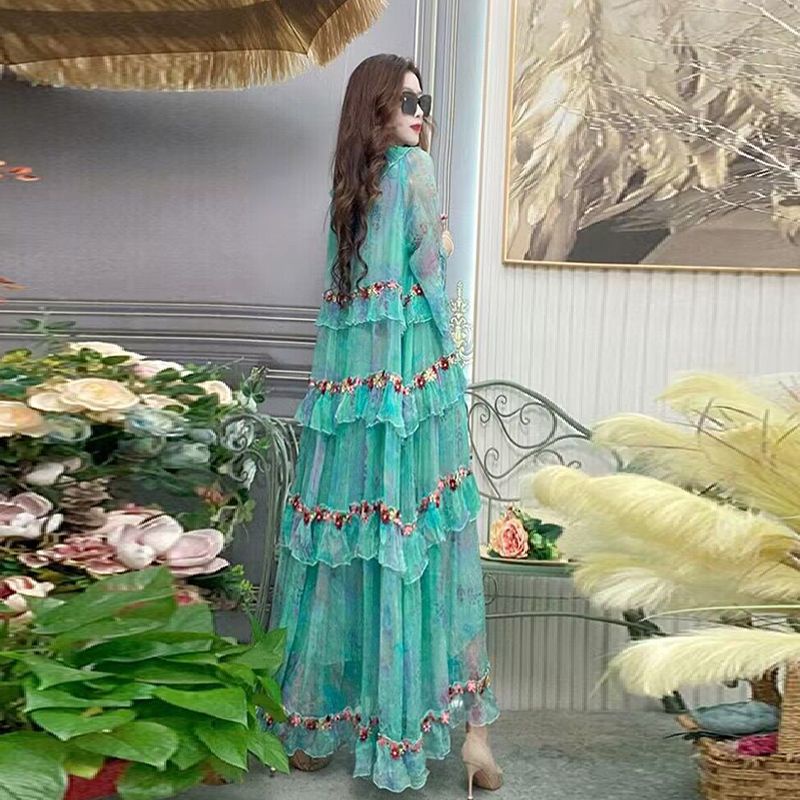 Đầm Voan Dáng Dài Màu Xanh Lá Cây Phong Cách Pháp Độc Đáo Tinh Tế Độc Đáo