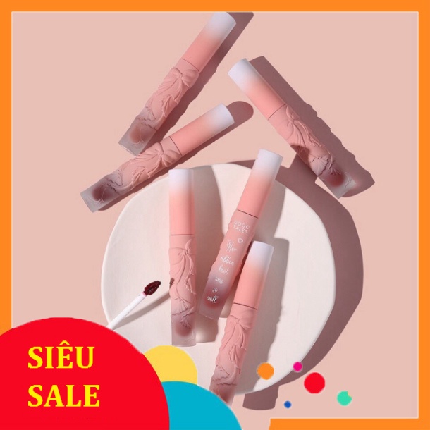 Son kem lì gogo tales nơ hồng khắc nổi Dusk Pink Fog Lip Purel handmade giá rẻ lên màu đẹp dành cho học sinh 1k 10k 20k