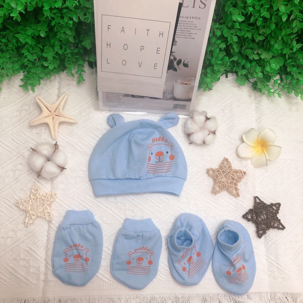 Bao tay chân cho bé  sơ sinh kèm mũ hàng cotton Việt Nam cao cấp