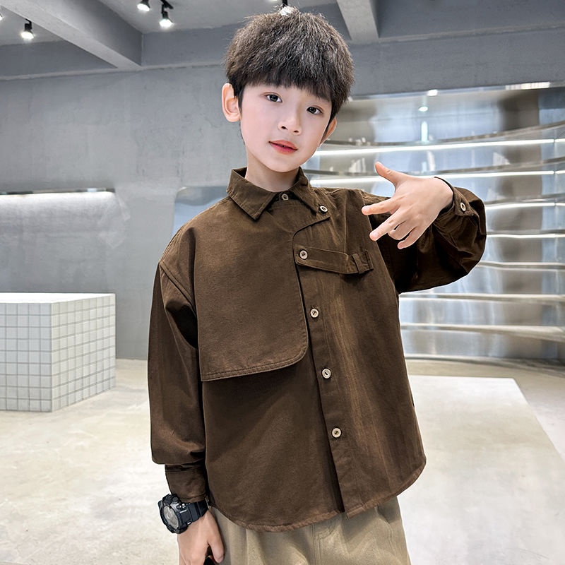 ۞✎☎Áo sơ mi dài tay cotton nguyên chất cho bé trai mùa xuân và thu quần trẻ em có ve khoác giản dị big boy phong cách nư