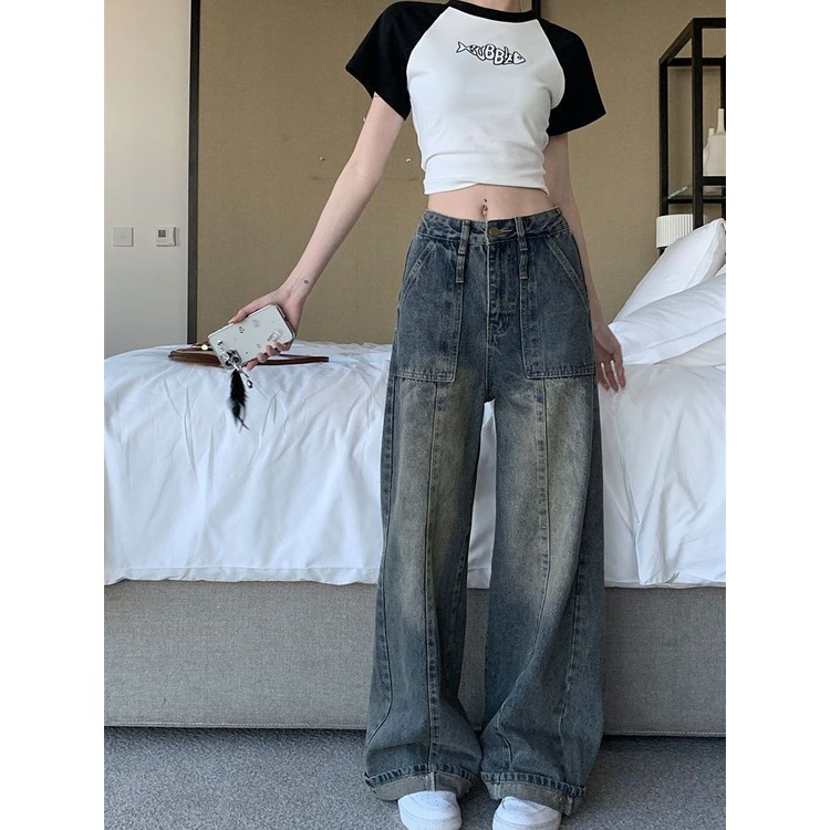 Jiashucheng Quần Jean Nữ Lưng Cao Dáng Rộng Suông Thời Trang Mùa Xuân