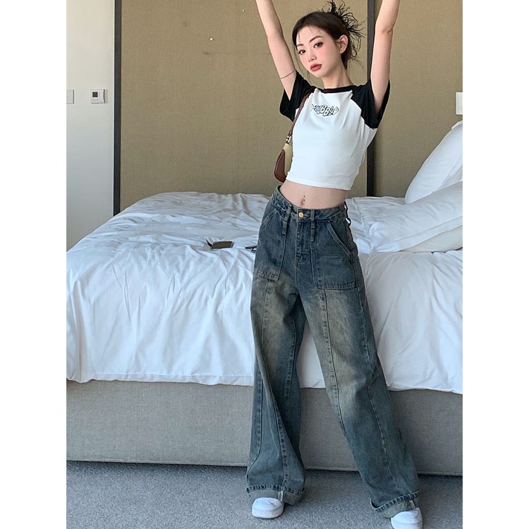 Jiashucheng Quần Jean Nữ Lưng Cao Dáng Rộng Suông Thời Trang Mùa Xuân