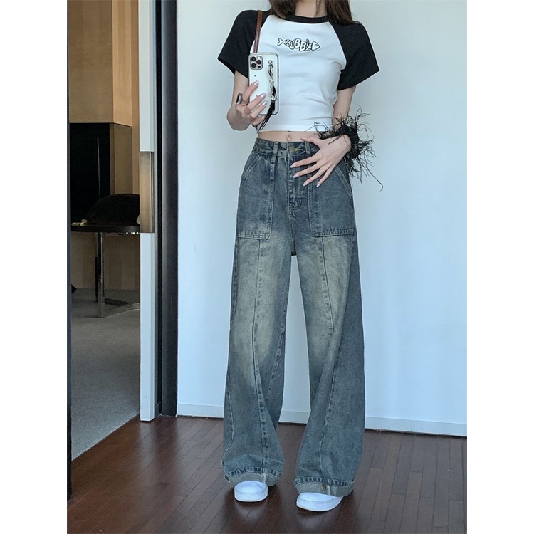 Jiashucheng Quần Jean Nữ Lưng Cao Dáng Rộng Suông Thời Trang Mùa Xuân