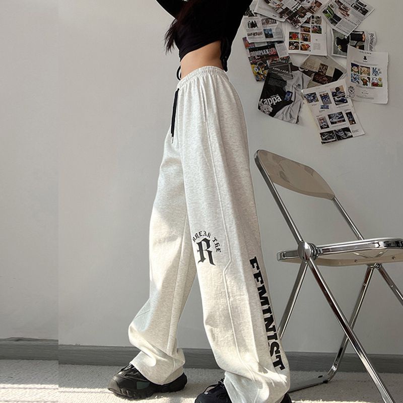 Jiashucheng Quần Dài Thể Thao Dáng Rộng In Chữ Phong Cách Hip Hop Cá Tính Cho Nữ