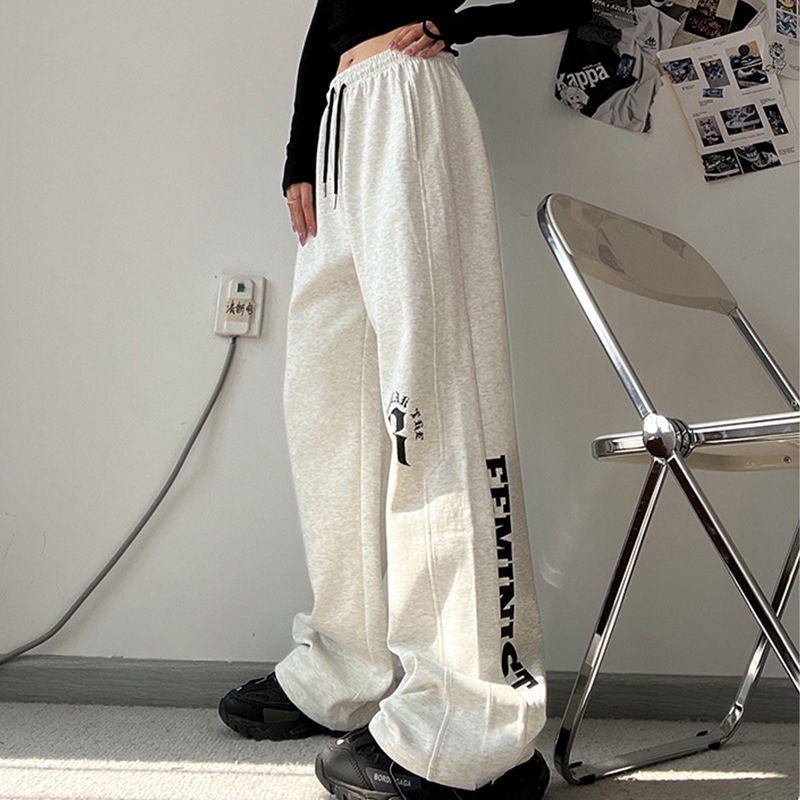 Jiashucheng Quần Dài Thể Thao Dáng Rộng In Chữ Phong Cách Hip Hop Cá Tính Cho Nữ