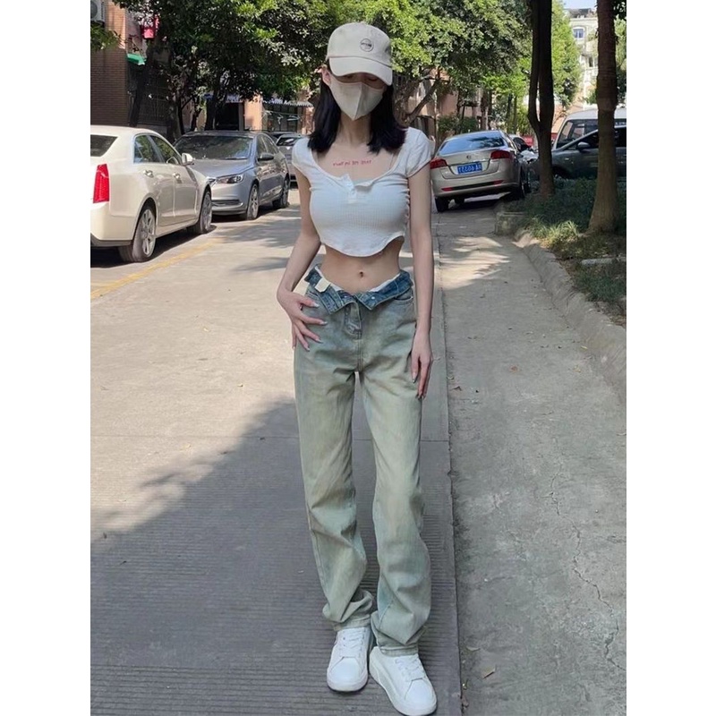 Jiashucheng Quần Jean Nữ Lưng Cao Dáng Rộng Màu Vàng Bùn Phong Cách Retro Mới