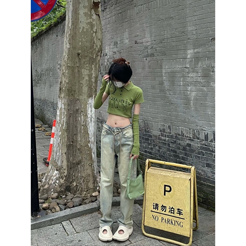 Jiashucheng Quần Jean Nữ Lưng Cao Dáng Rộng Màu Vàng Bùn Phong Cách Retro Mới