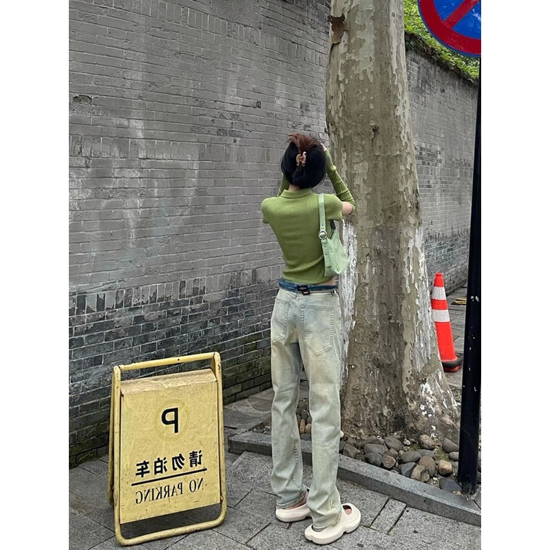 Jiashucheng Quần Jean Nữ Lưng Cao Dáng Rộng Màu Vàng Bùn Phong Cách Retro Mới