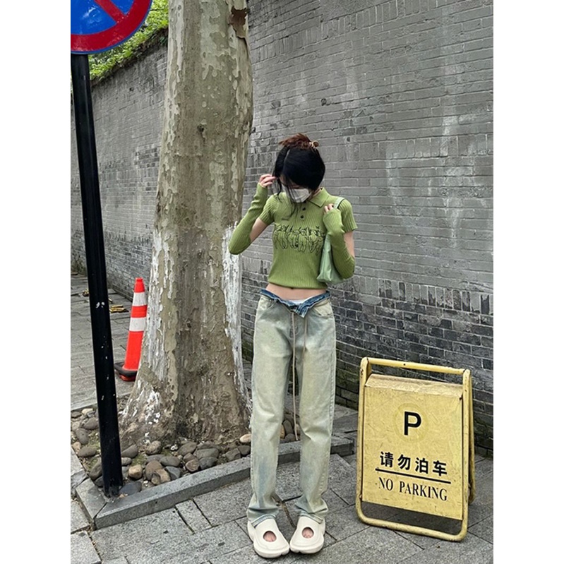 Jiashucheng Quần Jean Nữ Lưng Cao Dáng Rộng Màu Vàng Bùn Phong Cách Retro Mới