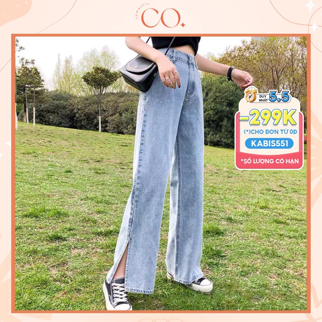 Quần Jean ống rộng cạp cao, quần jean dài xẻ gấu phong cách_j6