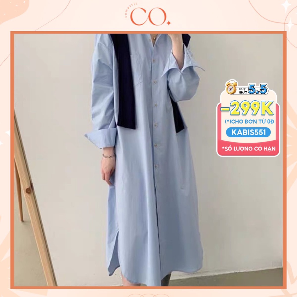 Váy sơ mi nữ dáng dài form rộng suông, đầm sơ mi nữ dài tay phong cách Hàn Quốc A22