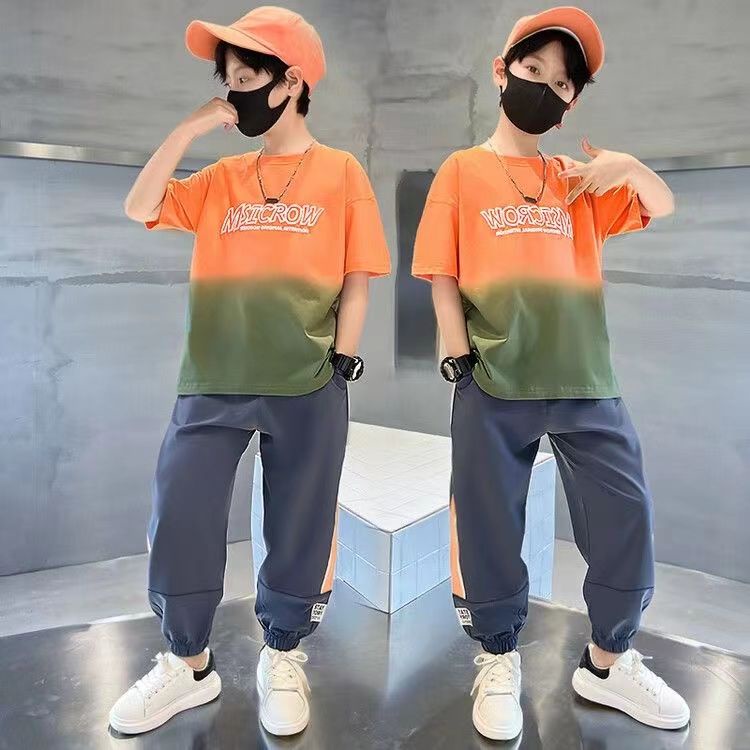 ✕✻Bộ quần áo mùa hè cho bé trai 2023 ngắn tay mới trẻ em trung niên trở lên lưới thủy triều đỏ hàng hiệu
