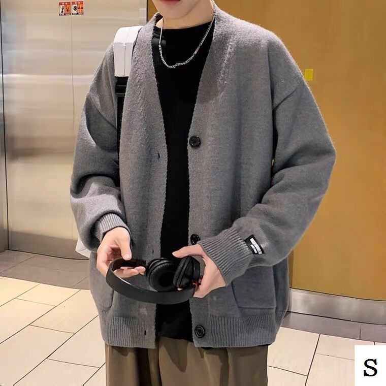 Áo Khoác Cardigan Dệt Kim Cổ Chữ V Dáng Rộng Màu Sắc Đơn Giản Phong Cách Đường Phố Hong Kong Thời Trang Xuân Thu Cho Nam
