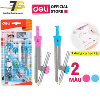 Bộ compa thước kẻ 7 món/bộ, màu hồng / xanh dương - Deli 9614 (E9614)