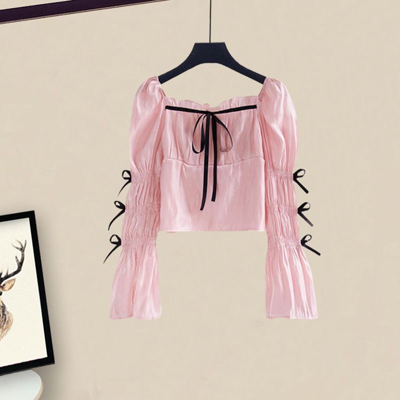 Set Áo Kiểu Tay Nơ Phối Chân Váy Lưới Thời Trang Xuân Hè Xinh Xắn Cho Nữ