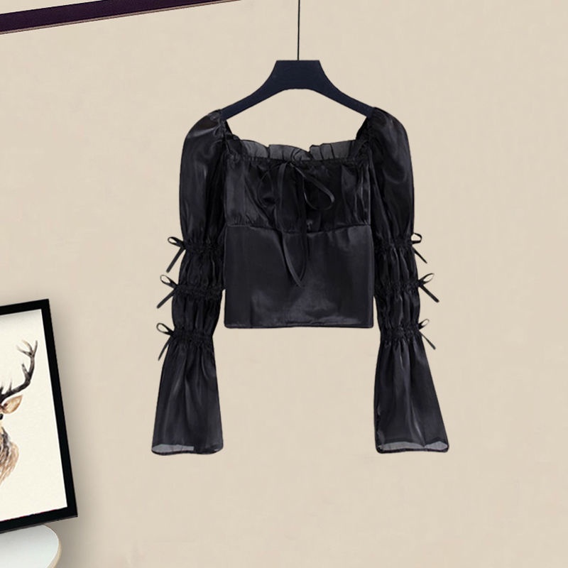 Set Áo Kiểu Tay Nơ Phối Chân Váy Lưới Thời Trang Xuân Hè Xinh Xắn Cho Nữ