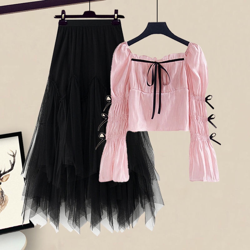 Set Áo Kiểu Tay Nơ Phối Chân Váy Lưới Thời Trang Xuân Hè Xinh Xắn Cho Nữ