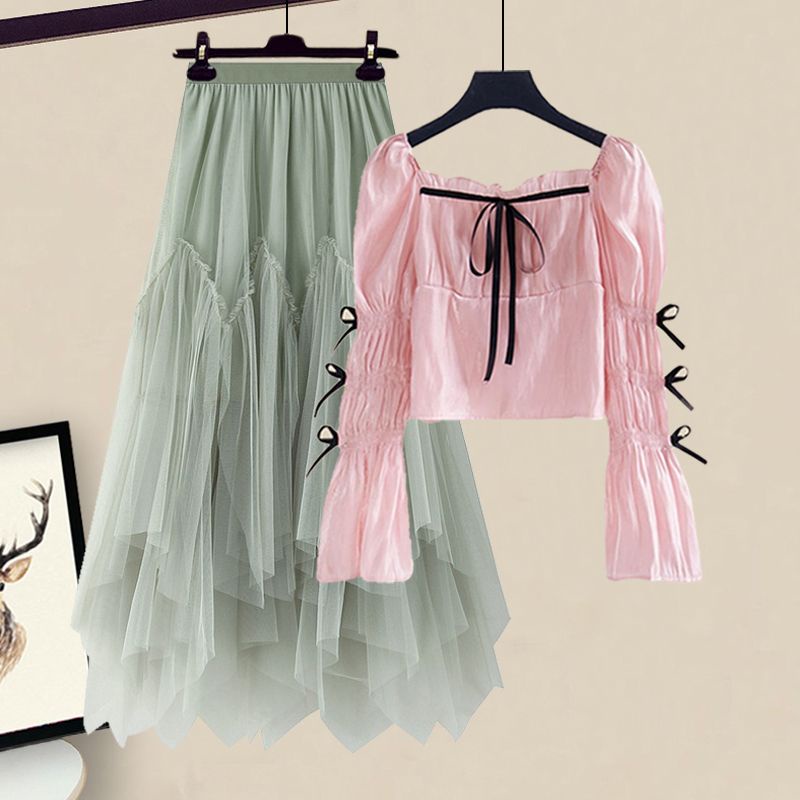 Set Áo Kiểu Tay Nơ Phối Chân Váy Lưới Thời Trang Xuân Hè Xinh Xắn Cho Nữ