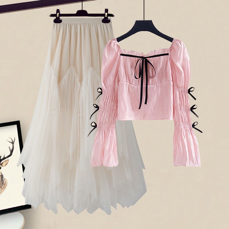 Set Áo Kiểu Tay Nơ Phối Chân Váy Lưới Thời Trang Xuân Hè Xinh Xắn Cho Nữ