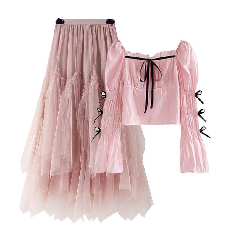 Set Áo Kiểu Tay Nơ Phối Chân Váy Lưới Thời Trang Xuân Hè Xinh Xắn Cho Nữ