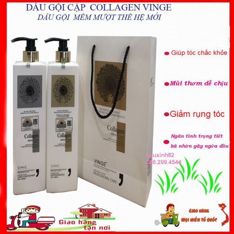 cặp dầu gội collagen vinge 1000ml siêu mềm mượt, giảm rụng