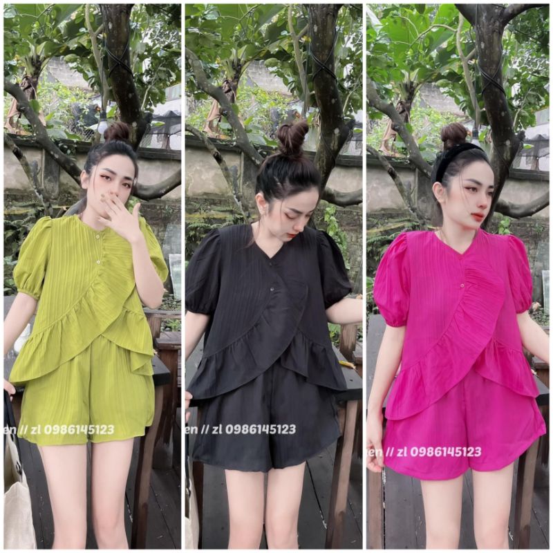 Set Bộ Đũi Gân Áo Phông Kiểu Vạt Xéo Tay Phồng Mix Quần Sooc Dễ Thương Mặc Nhà Đi Chơi Thời Trang Mùa Hè S9048