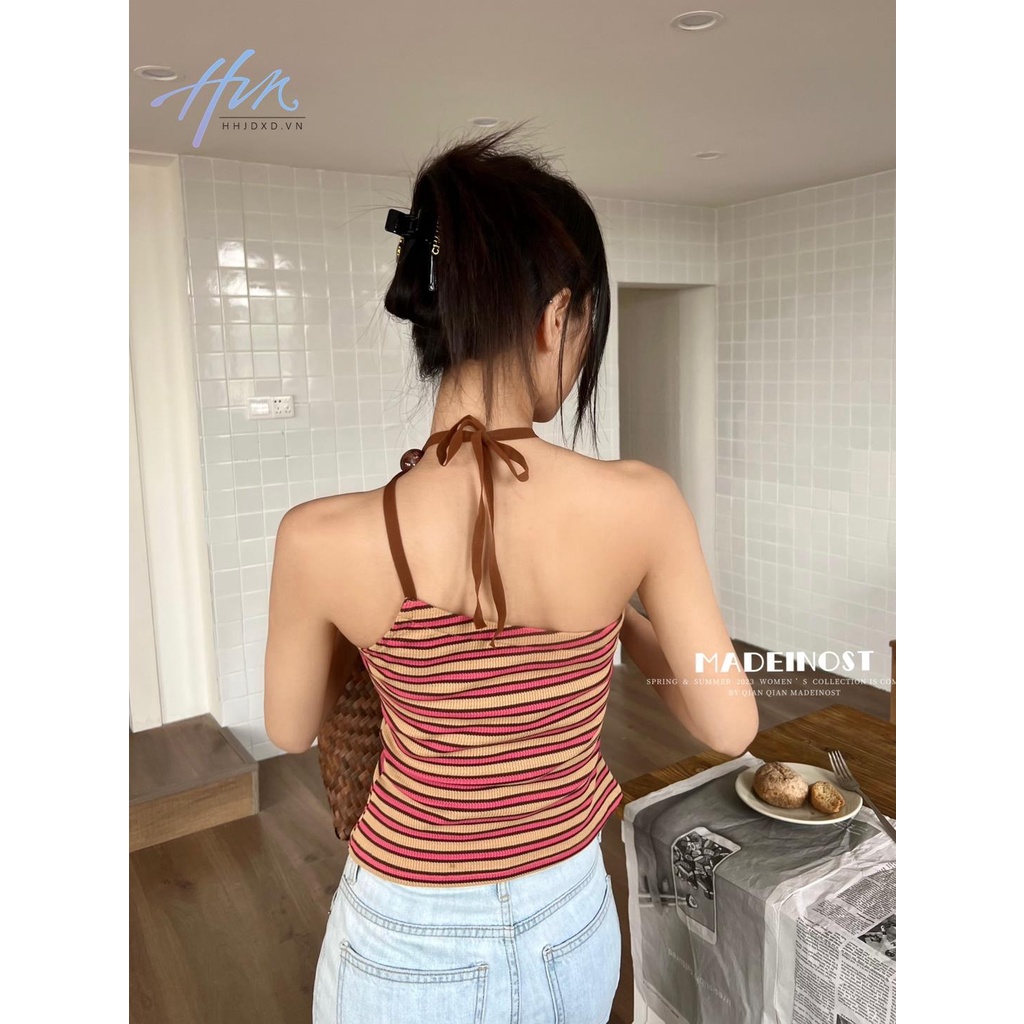 Áo Hai Dây Dáng Ngắn Cột Dây Đính Hạt Tròn Lớn Kẻ Sọc Thời Trang Mùa Hè Cho Bạn Gái