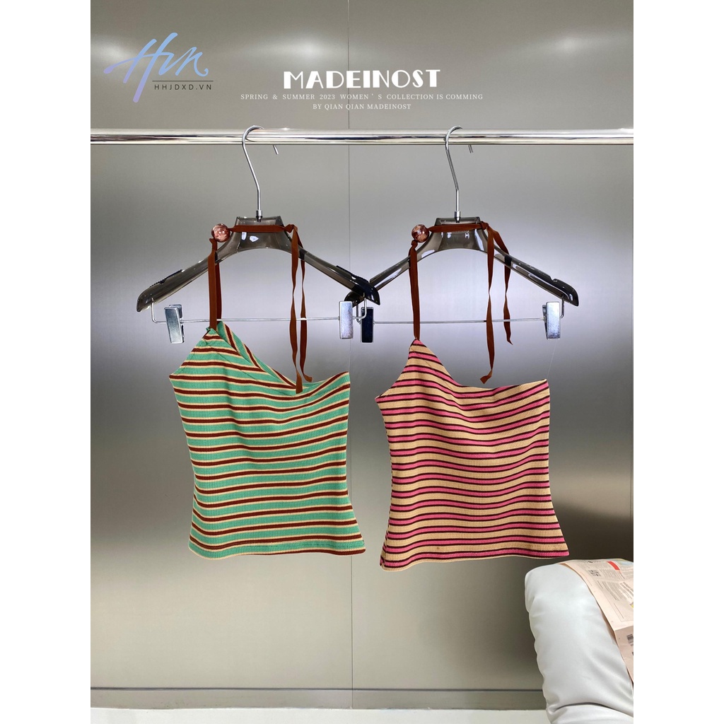 Áo Hai Dây Dáng Ngắn Cột Dây Đính Hạt Tròn Lớn Kẻ Sọc Thời Trang Mùa Hè Cho Bạn Gái