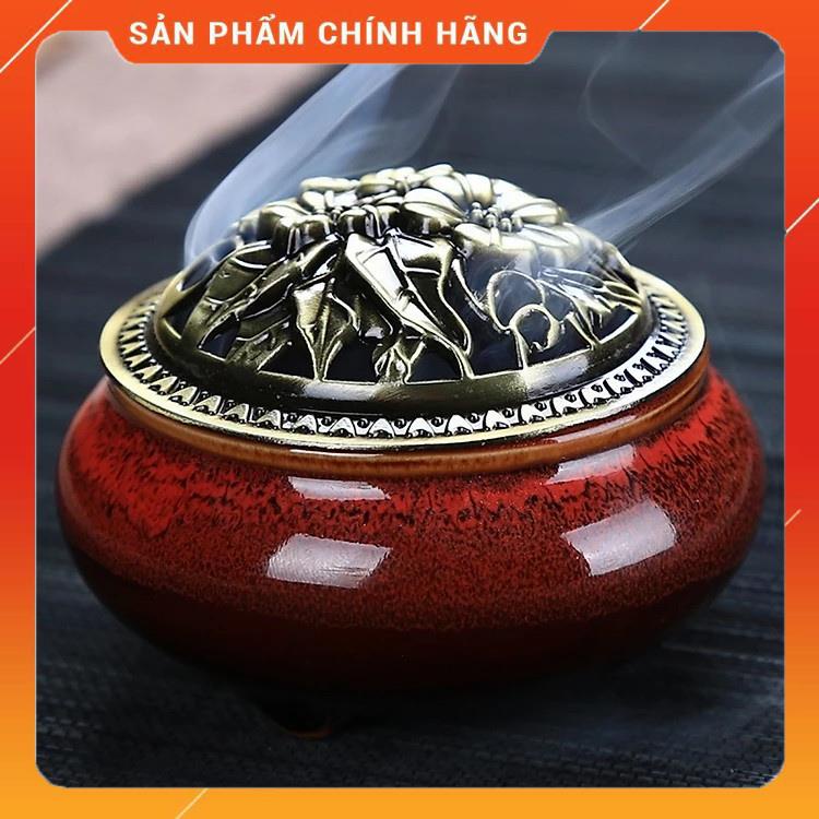 Lư xông trầm hương đỉnh đốt nhang gốm sứ TẶNG trụ đồng - Nhang Trầm Sạch Búp Sen fpx