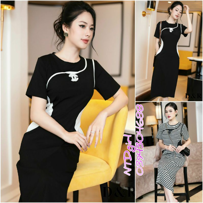 Hàng nhập - Đầm dáng ôm thun mát lạnh phối viền uốn lượn, váy body cổ tròn tay ngắn trẻ trung