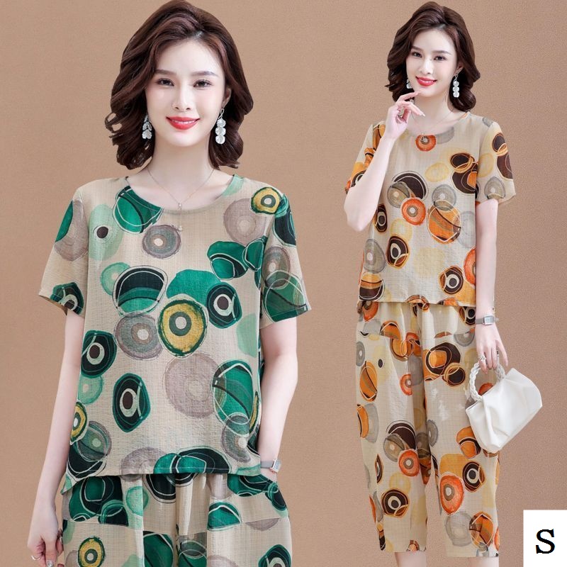 Set Áo Sơ Mi Ngắn Tay Và Quần Dài Vải Lanh Cotton Phong Cách Phương Tây Thời Trang Mùa Hè Mới Cho Phụ Nữ Trung Niên