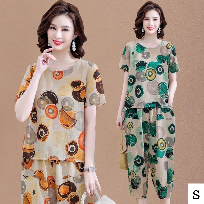 Set Áo Thun Ngắn Tay + Quần Dài Vải Lanh Cotton Plus Size Cho Phụ Nữ Trung Niên
