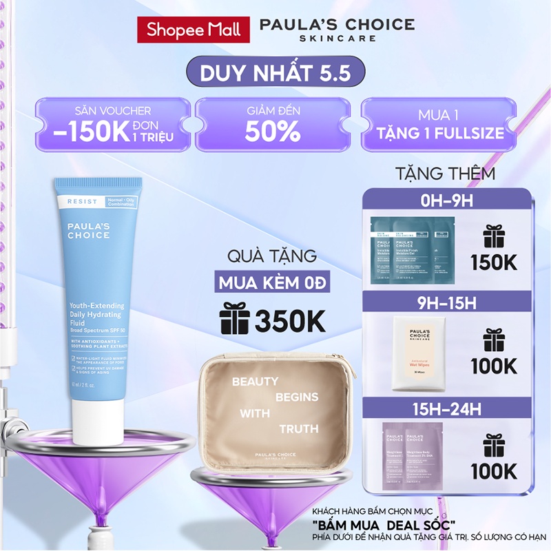 Kem chống nắng phổ rộng, mềm mịn Paula's Choice Youth-Extending Daily Mattifying Fluid SPF 50 60ml - 7800