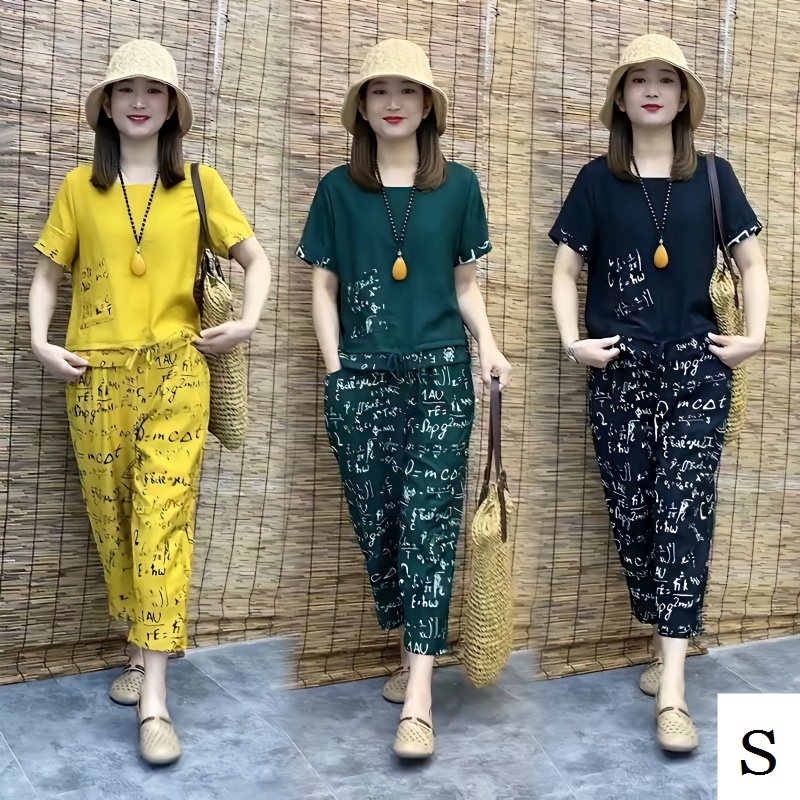 Set Áo Thun Ngắn Tay + Quần Dài Ống Rộng Thời Trang Cho Phụ Nữ Trung Niên