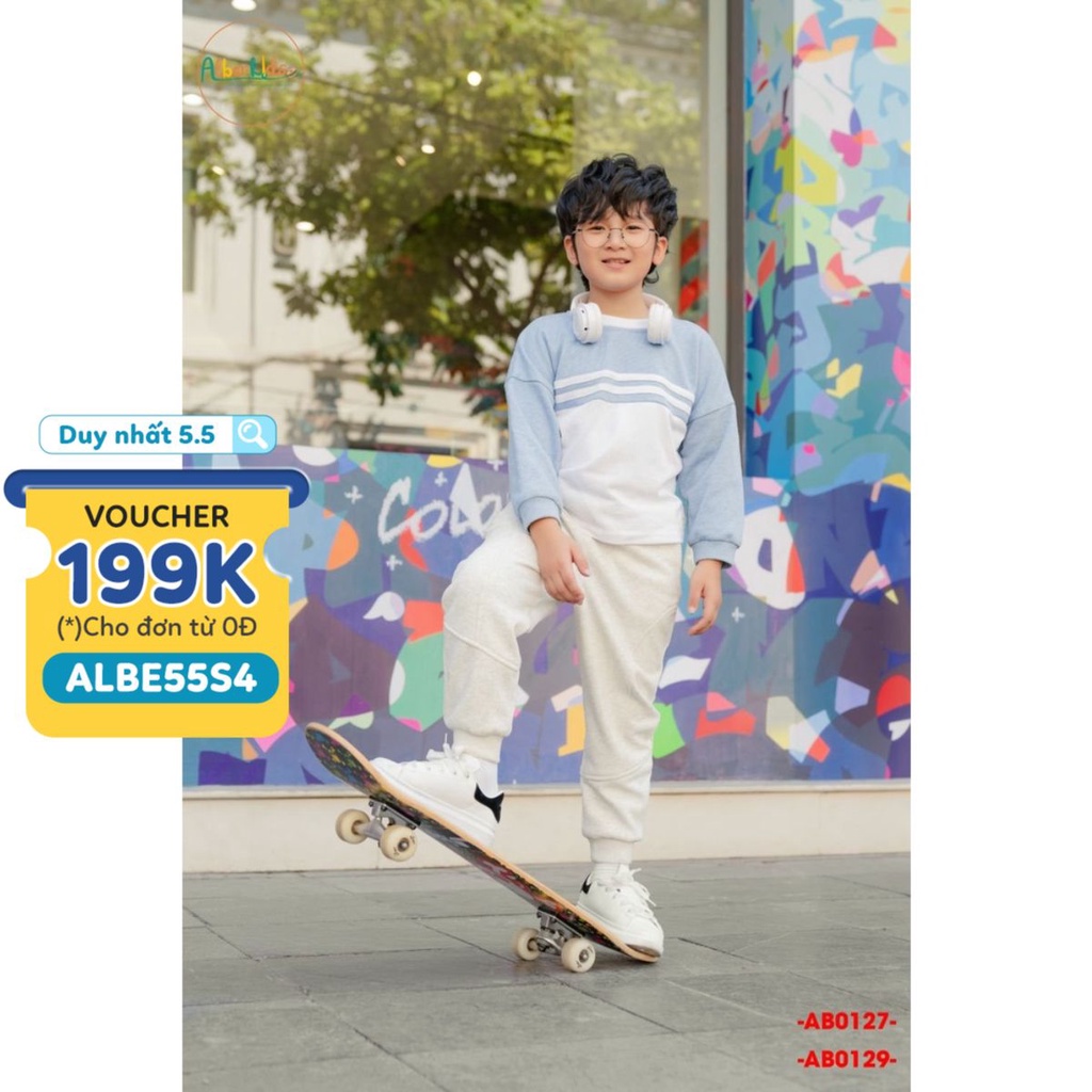 Áo nỉ nam xanh phối trắng ALBER KIDS cho bé trai 3,4,5,6,7,8,9,10,11 tuổi [AB0129]