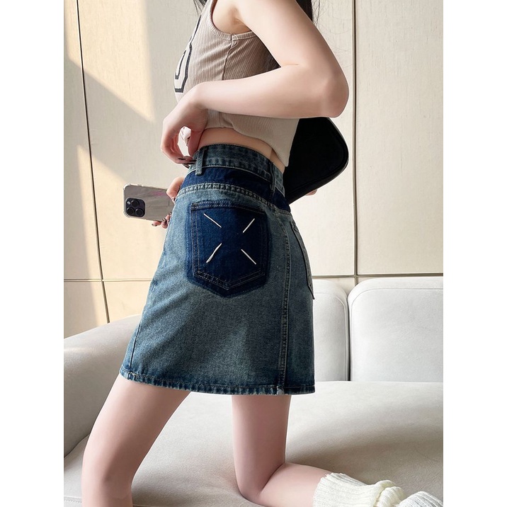 Chân Váy Denim Chữ a Lưng Cao Phối Túi Màu Tương Phản Phong Cách Cổ Điển Thời Trang Cho Nữ