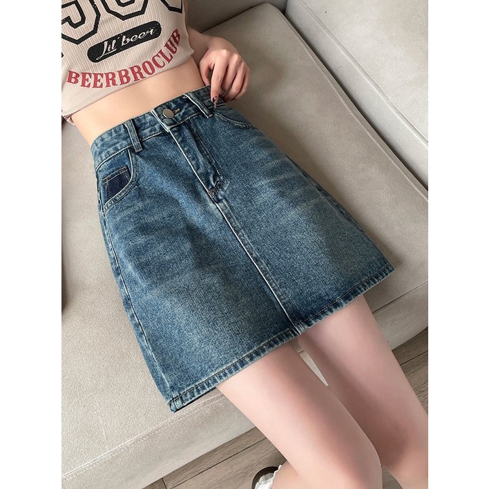 Chân Váy Denim Chữ a Lưng Cao Phối Túi Màu Tương Phản Phong Cách Cổ Điển Thời Trang Cho Nữ