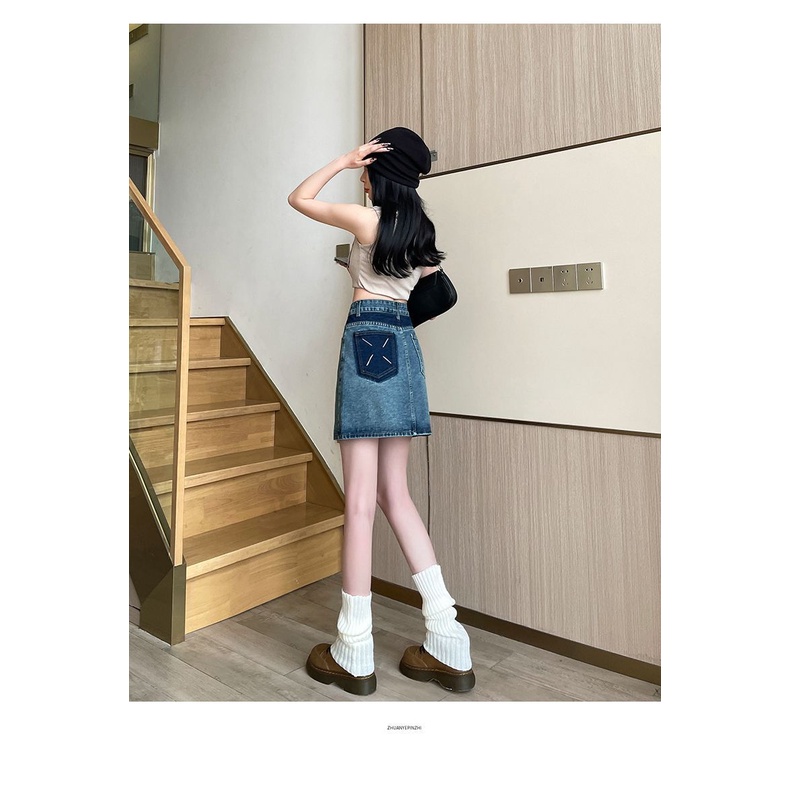 Chân Váy Denim Chữ a Lưng Cao Phối Túi Màu Tương Phản Phong Cách Cổ Điển Thời Trang Cho Nữ