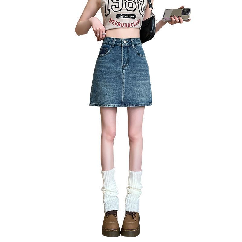 Chân Váy Denim Chữ a Lưng Cao Phối Túi Màu Tương Phản Phong Cách Cổ Điển Thời Trang Cho Nữ