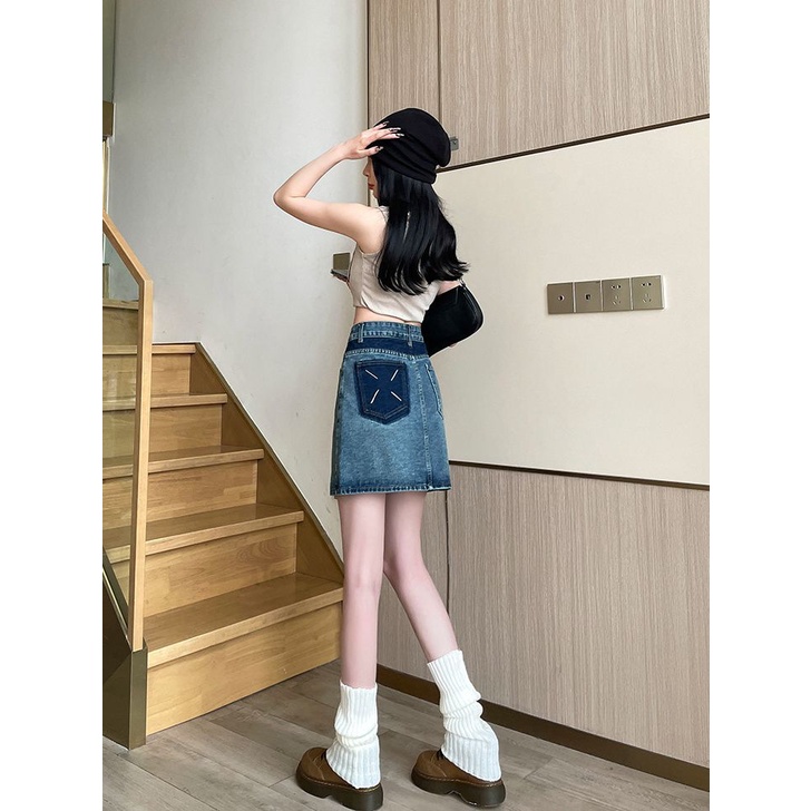 Chân Váy Denim Chữ a Lưng Cao Phối Túi Màu Tương Phản Phong Cách Cổ Điển Thời Trang Cho Nữ
